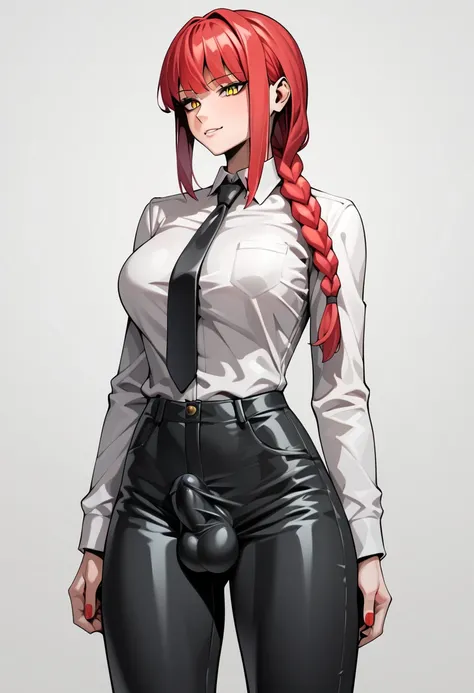  solo,  futanari, blackpants, makima, suit, big boobs,makima, makimacm44, ringed yellow eyes, red long hair, bangs, white shirt, sidelocks, black pants, braided ponytail, black necktie, Red Hair,