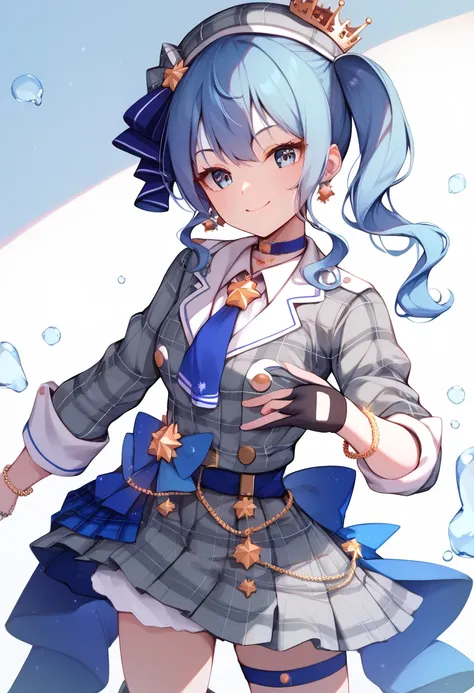  solo,  HoshimachiSuisei, side ponytail, blue hair ribbon,SuiseiBase, side ponytail, plaid beret, crown, blue star choker, star earrings, blue ascot, grey plaid jacket, grey plaid pants, layered pants, partially fingerless gloves, star bracelet, uneven leg...