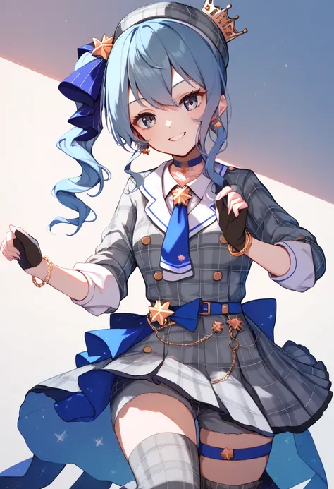  solo,  HoshimachiSuisei, side ponytail, blue hair ribbon,SuiseiBase, side ponytail, plaid beret, crown, blue star choker, star earrings, blue ascot, grey plaid jacket, grey plaid pants, layered pants, partially fingerless gloves, star bracelet, uneven leg...