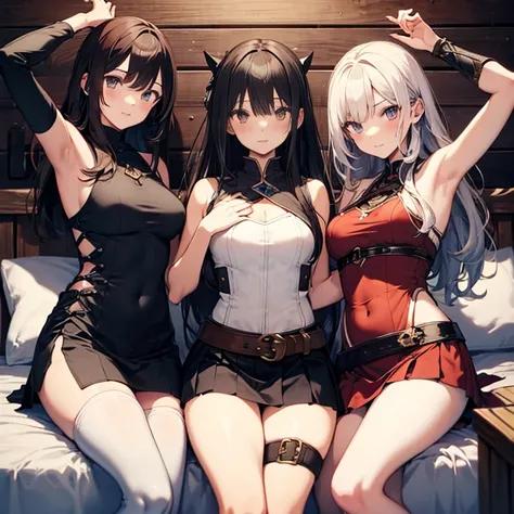 A group of  female medieval fantasy adventurers, (in bedroom), various hair styles, harem, wooden logs wall, details face, short skirt, seducing, sleeveless, armor, on bed, armpits 