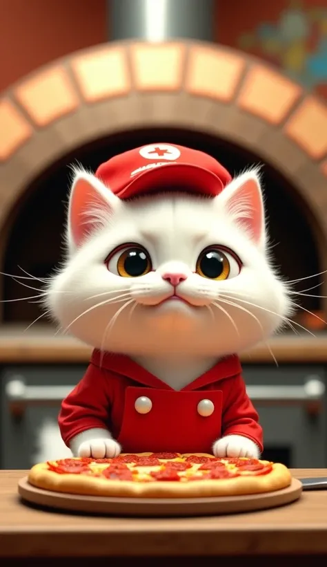 "  In a crowded pizzeria  , cute ,   a fluffy white cat named Ben stands behind the counter  ,   dressed in a bright red pizza boy uniform with a matching hat  . His large pizza oven  ,   large reflects excitement as he prepares a delicious pizza .   The b...