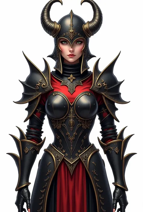 create the image:   illustration ((anime))  high resolution sweatshirt, 8K, of A woman in elegant gothic armor, (( half body)) (( front view ))  with an intricate design .  The armor is predominantly black with deep red details and gold filigrees . The hel...