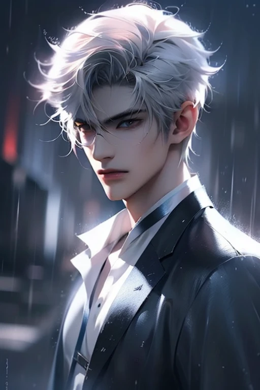 anime boy, handsome face, charming gaze, white hair, blue eyes, cool style, night city background, eye details, face details, body details, make 4k and 8k images