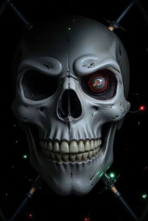  Ultra realistic 3D skulls with fire flickering all around with red eyes and crossed swords behind in a dark cave red and green little lights float all over the dark cave