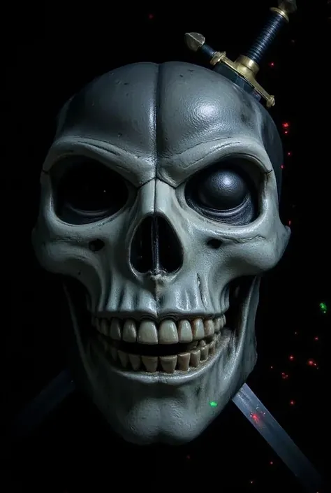  Ultra realistic 3D skulls with fire flickering all around with red eyes and crossed swords behind in a dark cave red and green little lights float all over the dark cave