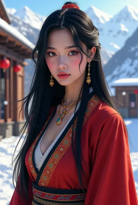 ((Top Quality)),((Amazing)),((Detailed),((Japanese)),Girl,Ultra-Realistic,Stunning Environment,Vivid Colors, (Chupa),Long Sleeves, ((Chupa is a traditional Tibetan dress)), ((City of Ladakh)),Black Hair,(Straight Hair),Close-Up,Medium Bust,Black Eyes,((Sta...