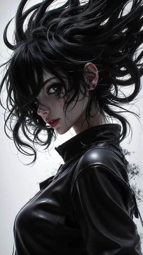 nistyle, monochrome Manga Sketch, extreme head Closeup, a dark ethereal womans black billowing hair, hair floating upward, Killing Gaze smile, eerie, Shrouded in darkness, shaded eyes, Low angle View, hyperdetailed manga sketch style, with bleaked  color H...