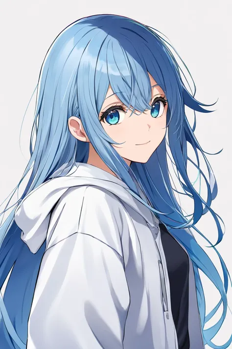  1 girl, solo,  long hair,  high resolution,  high resolution,  simple background, Blue Hair/ light blue hair,アニメ, パーカー