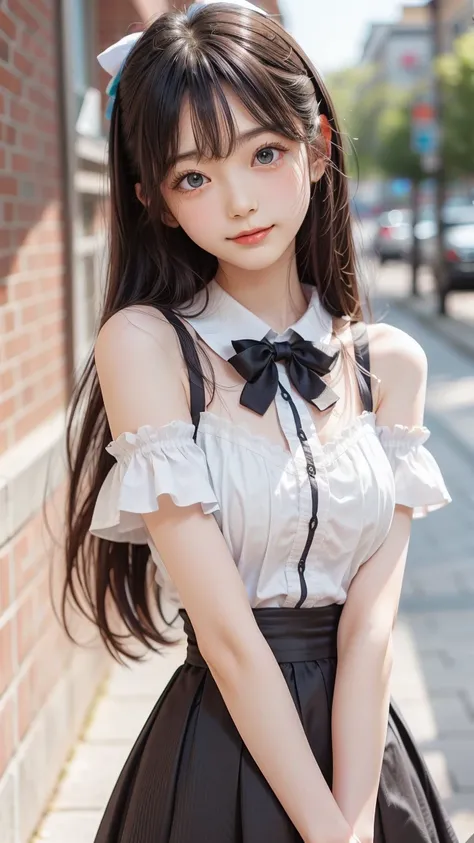 nsfw,、 portrait、、  maid clothes、 smile、nsfw, ,from front,、( slim、1 person, cute young woman,  medium breasts, black hair、 long hair、Hime cut hair 、Long side bangs、Azure Eyes、red large lace hair bow),delicate beautiful eyes , high definition , masterpiece, ...