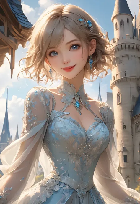 Masterpiece, top quality, illustration , Super Detail, fine detail, high resolution, 8k wallpaper, perfect dynamic composition, beautiful detailed eyes, dress , medium hair , middle of chest, Natural Color Lip, Random Sexy Poses,smile, tower ...