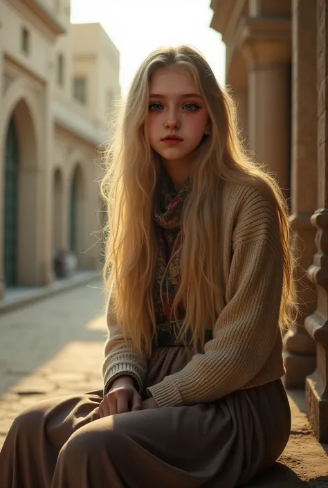  Photo realistic, cinematic light, girl, 19 year old, very pale white skin, very long light blounde hair, Hair length reaches the waist, small hazel eyes, wearing Scott cardigan, scarf, long skirt, sitting at Baghdad Iraq 