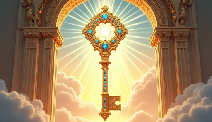 A large, ornate key, centered in the image, is positioned within a grand archway. The key is golden, intricately designed, and studded with numerous brilliant blue gems. Light rays emanate from the key, illuminating the scene. The archway is decorated with...