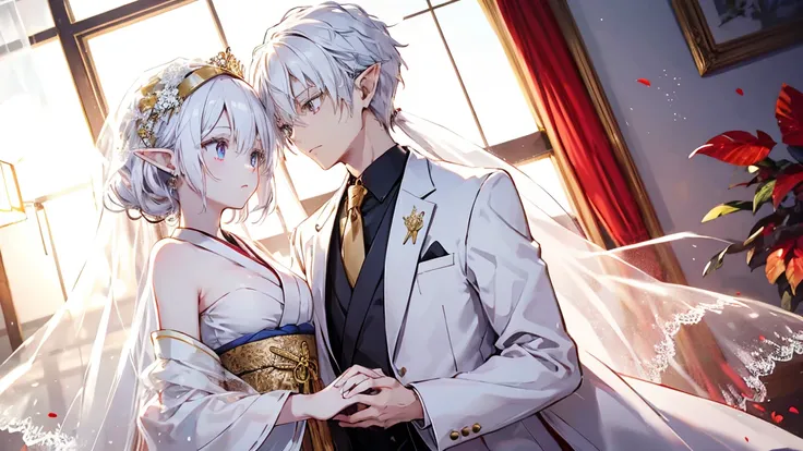 4k, masterpiece, highdef, A couple on their wedding, one male and one female, female: Japanese Princess, Young woman, long flowing white hair, blue eyed tinged with a shade of lavender, delicate skin, perfectly shaped hands, masterfully crafted features, g...