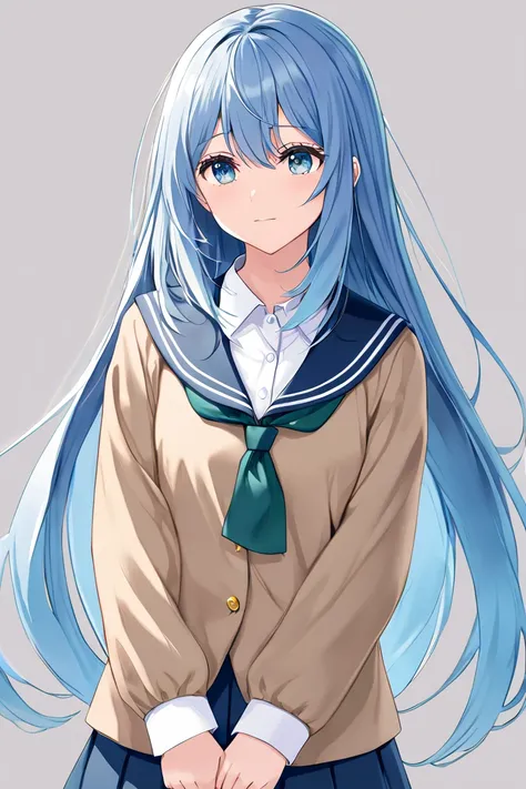  1 girl, Alone,  long hair,  high resolution,  high resolution,  simple background, Blue Hair/ light blue hair,anime, high school girl,uniform,