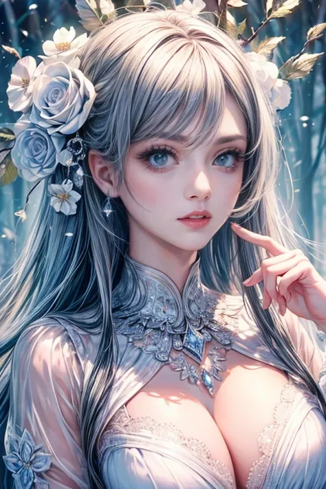 (    the best quality. ,8k,CG,    in detail,     , Lonely girl  ,Flower set,  forest background  ,  face detail  ,Elegant black long hair  ,  almond blue eyes  ,  eye makeup  ,  fluttering long eyelashes  ,  eyes are big sparkly  ,  twinkling stars  ,  Exq...