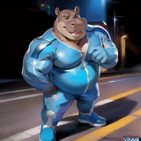  alone, man,  stance, road, hippo,  Blue Military Spacesuit,  Overweight ,  Muscle ,  smiley , by chunie 