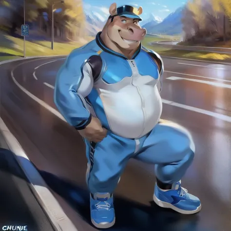  alone, man,  stance, road, hippo,  Blue Military Spacesuit,  Overweight ,  Muscle ,  smiley , by chunie 