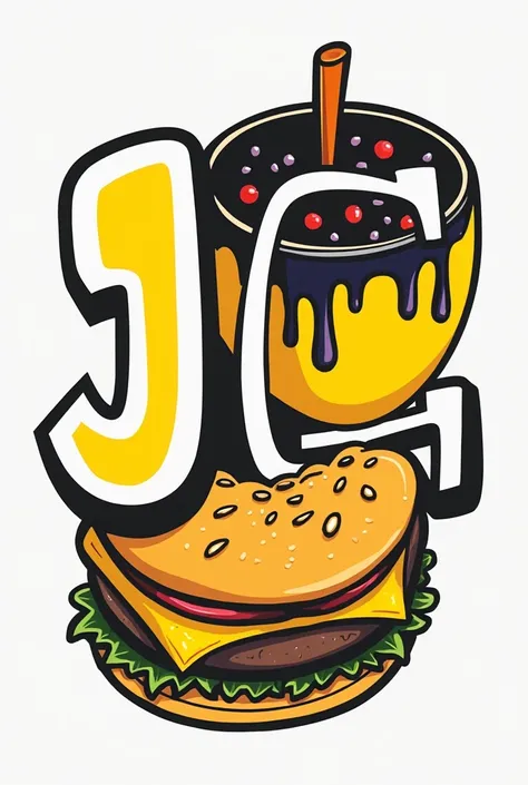 A logo illustration with the text "JC" in yellow, white, and black. The letter "JC" is highlighted in yellow. There is a yellow acai bowl with a black drizzle and a
black burger. The logo has a sleek, modern design with a pop of color.