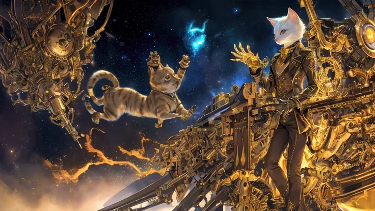 A translucent, gold-glowing fantasy Cat with an ethereal aura,An image featuring cat with a steampunk-inspired mechanical arm prosthetic adorned with gears and moving parts, paired with a tailored suit and leather boots, showcasing functional fashion,A cat...