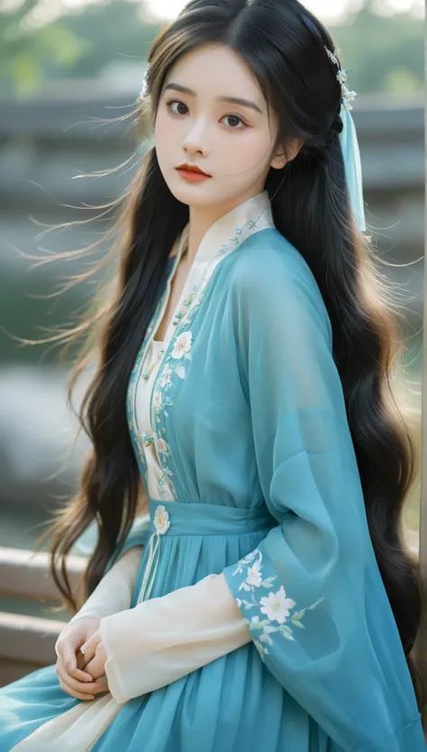 Beautiful girl wearing vintage Han dress, long hair, black granny, dark eyebrows, big round eyes, famous nose, cute white skin, wearing blue dress