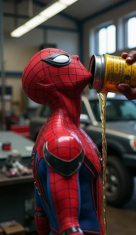 {
  "prompt": "A realistic depiction of Spider-Man drinking oil flowing from the can inside the car repair workshop, tilting his head back as the thick liquid pours into his mouth.",
  "size": "1024x1792"
}
