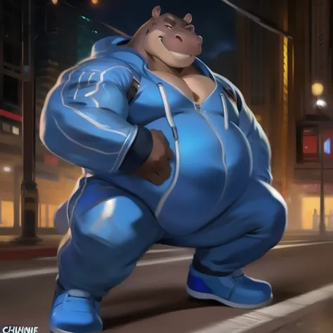  alone, man,  stance, road, hippo,  Blue Military Spacesuit,  Overweight ,  Muscle ,  smiley , by chunie 