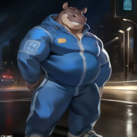  alone, man,  stance, road, hippo,  Blue Military Spacesuit,  Overweight ,  Muscle ,  smiley , by chunie 