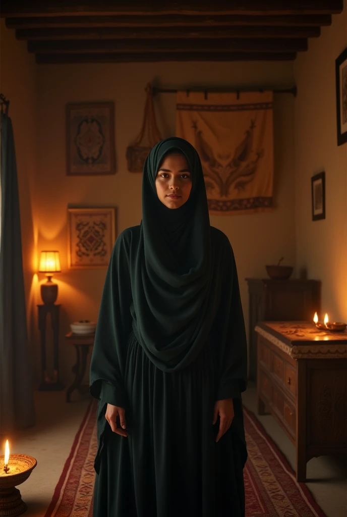 Create a hyper realistic image a 25 year old hijabi girl standing in village style house in night