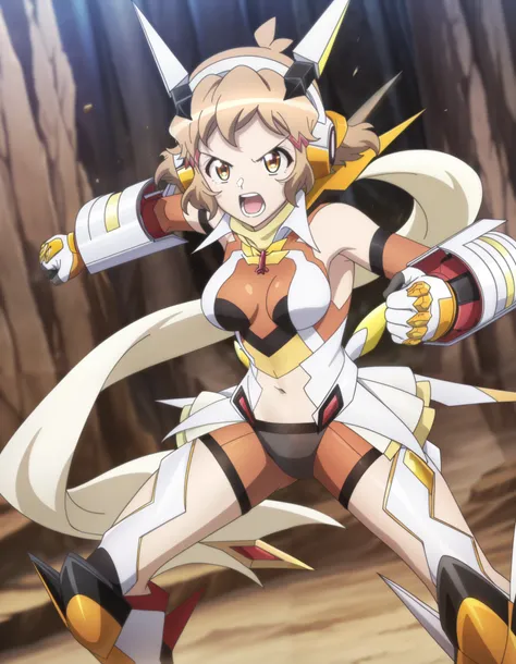 masterpiece, best quality, amazing quality, very aesthetic, absurdres, newest, anime coloring, anime screenshot, hibikigear, 1girl, solo, short hair, brown hair, scarf, headgear, navel, headphones, bodysuit, medium breasts, gauntlets, brown eyes, hair orna...