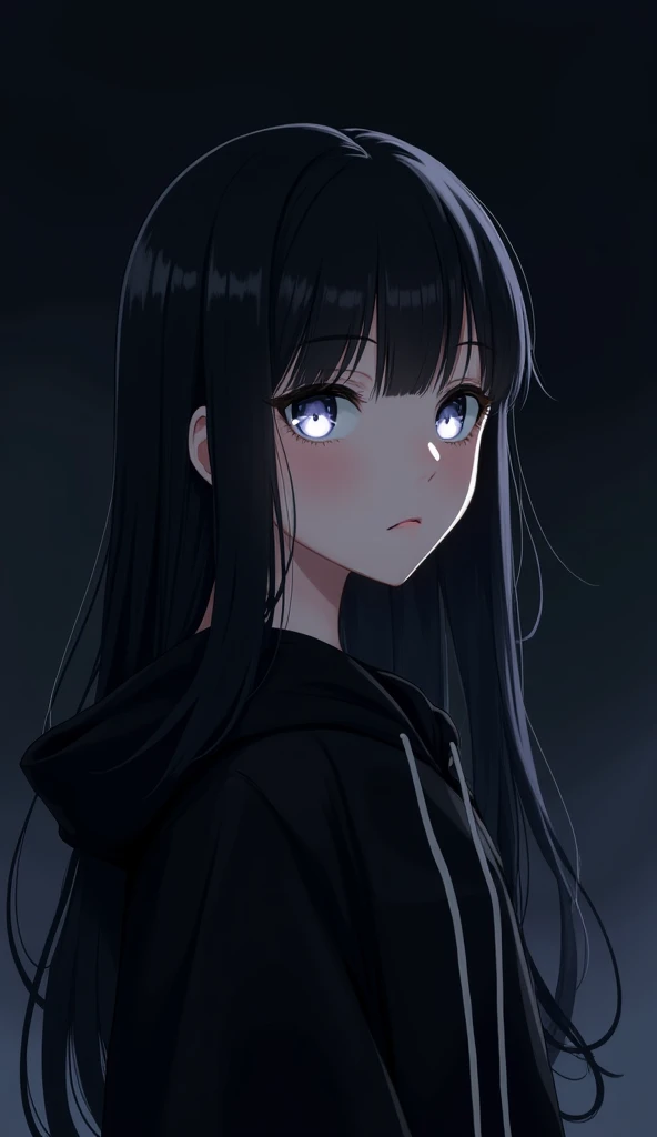 anime girl in a black hoodie with white eyes and black hair stares into the void.