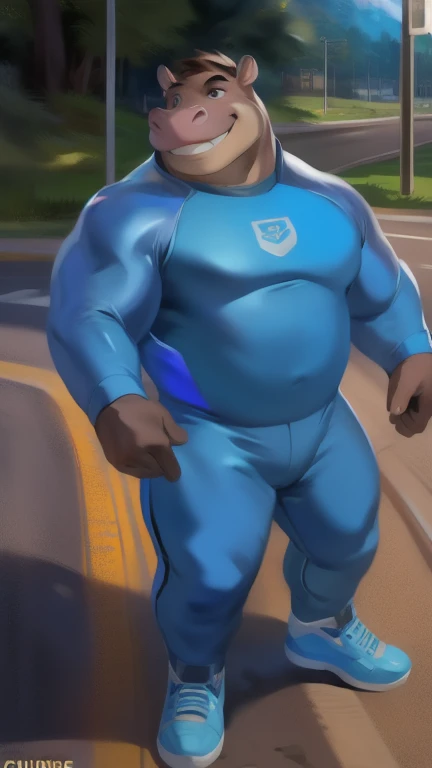  alone, man,  stance, road, hippo,  Blue Military Spacesuit,  Overweight ,  Muscle ,  smiley , by chunie 