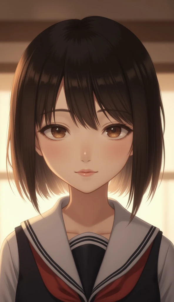 A portrait of a high school girl with a kokeshi doll-inspired face. Her face is round and smooth with minimalist features, such as small eyes, a tiny nose, and a simple mouth. Her bob cut hairstyle slightly covers her eyes, and her expression is calm and i...