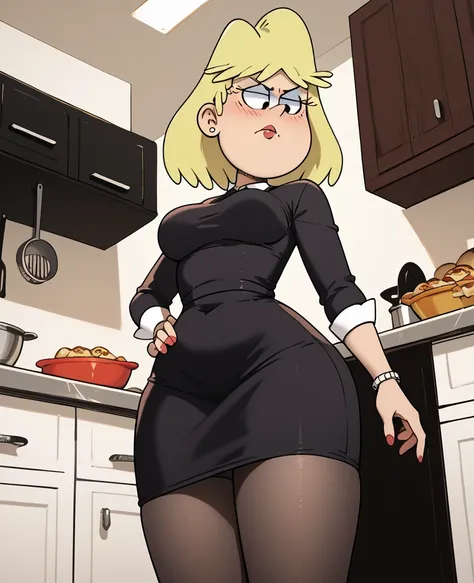 rita Loud,   yellow-haired position, lots of hip, fat breasts,  hip-length black pantyhose,  Black panties,  black dress, Raise your dress with your hands , In a kitchen,  From below. annoyed. blushing.