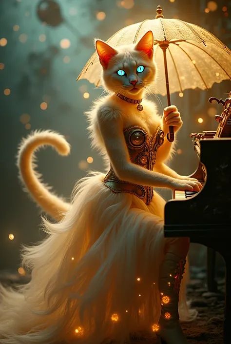 A translucent, gold-glowing fantasy Cat with an ethereal aura, An image featuring cat in a corset with exposed gears and cogs, cat playing piano,paired with a flowing Victorian-style gown, lace-up boots, and a decorative parasol, capturing the essence of s...