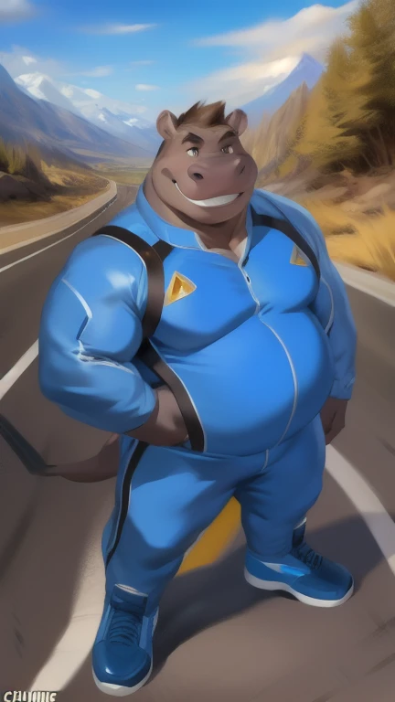  alone, man,  stance, road, hippo,  Blue Military Spacesuit,  Overweight ,  Muscle ,  smiley , by chunie 