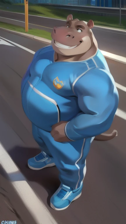  alone, man,  stance, road, hippo,  Blue Military Spacesuit,  Overweight ,  Muscle ,  smiley , by chunie 