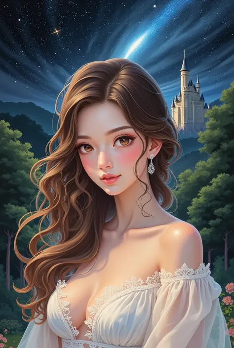   Masterpiece,   top quality,   Super Detail,  beautiful single woman 、Light chestnut long hair、  beautiful brown eyes ,  beautiful pink lips,   beautiful detailed face in the castle king's room   , Moderate bust,   white dress、 perfect and beautiful style...