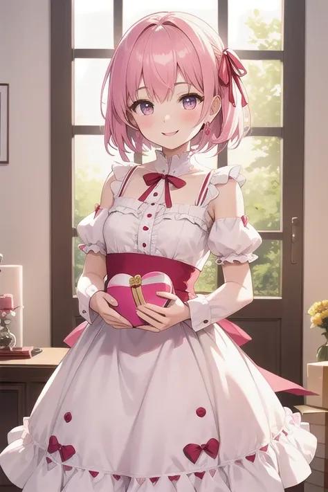 Top quality, high resolution, detailed, beautiful picture quality, one girl, cute pale pink dress with frills, short hair, smiling face, big red ribbon in hair, lolicon feeling, little sister, holding a heart-shaped gift box in both hands, cute design with...