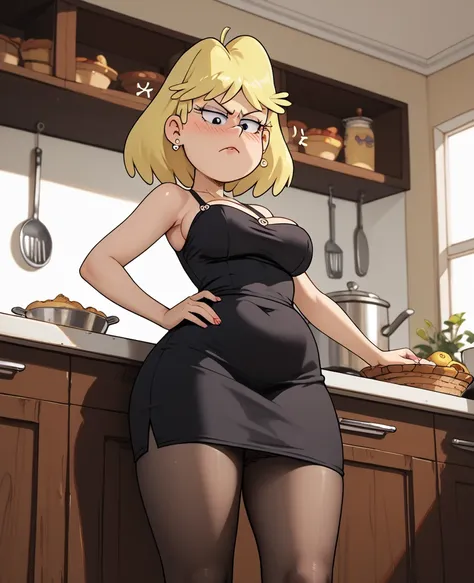 rita Loud,   yellow-haired position, lots of hip, fat breasts,  hip-length black pantyhose,  Black panties,  black dress, Raise your dress with your hands , In a kitchen,  From below. annoyed. blushing.