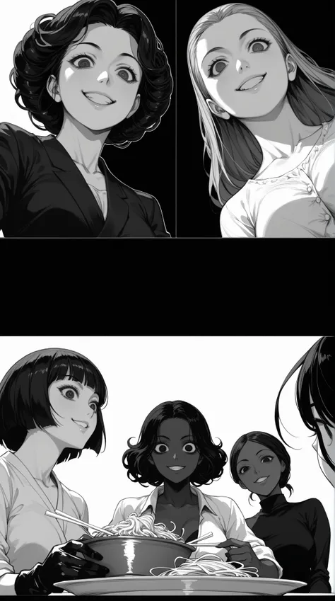 Nistyle ， Monochrome Comic Sketch ， Extreme Head Closeup ， Dark Blank Women Black Rolled Hair， Hair Floating Up ， Killing Gaze Smile ， Creepy ， Dark Eyes Veiled ， Shadow Eyes ， Low Angle View ， Super Detailed Comic Sketch ，帶有grey的顏色，grey的顏色，grey，grey，grey和...