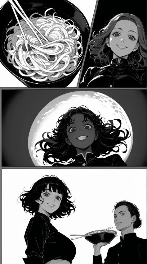 Nistyle ， Monochrome Comic Sketch ， Extreme Head Closeup ， Dark Blank Women Black Rolled Hair， Hair Floating Up ， Killing Gaze Smile ， Creepy ， Dark Eyes Veiled ， Shadow Eyes ， Low Angle View ， Super Detailed Comic Sketch ，帶有grey的顏色，grey的顏色，grey，grey，grey和...