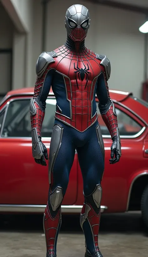 {
  "prompt": "A realistic depiction of Spider-Man transforming into a slim robot, his body covered in thin metallic armor while his head remains unchanged, inside the car repair workshop.",
  "size": "1024x1792"
}
