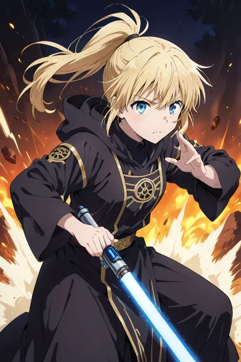 One man, 18years old, long ponytail, {{gold hair}},
black Jedi Outfit, black hooded robe, Blue eyes, Equipped with a blue-bladed lightsaber in the right hand, Battle Stance, {{{Perfect Hand}}}, {{{Best Quality}}}