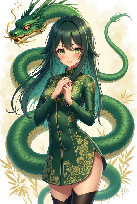 An anime-style girl with a mystical and elegant aura, embodying the spirit of the 2025 Wood Snake. She has long, flowing dark green hair with subtle wood-textured highlights, symbolizing the Wood element. Her eyes are sharp and mesmerizing, with a golden s...