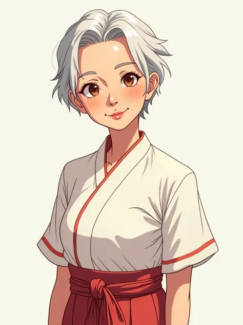 Create an anime-style illustration of a 60-year-old Thai grandmother with short, white hair and visible wrinkles on her face, reflecting her age and wisdom. She has a warm, gentle expression with kind eyes and a soft smile, embodying a loving and nurturing...