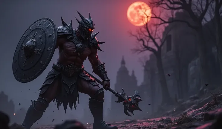 Epic dark fantasy YouTube thumbnail, Path of Exile 2: Act 1 Walkthrough, cinematic composition, right 1/3 rule. On the right third: A dark-skinned muscular warrior in battle stance, facing left, wearing weathered iron armor with spiked helmet, deep facial ...