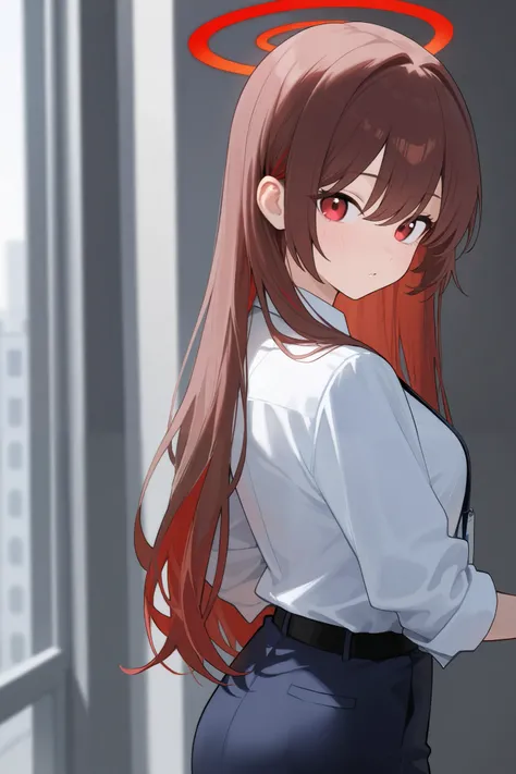 1 girl, Hair length reaches the back, Brown hair and red hair on the edges of the hair, red eyes, but not bright, wear a work outfit, หน้าอกไซส์ปานกลาง, have a red halo