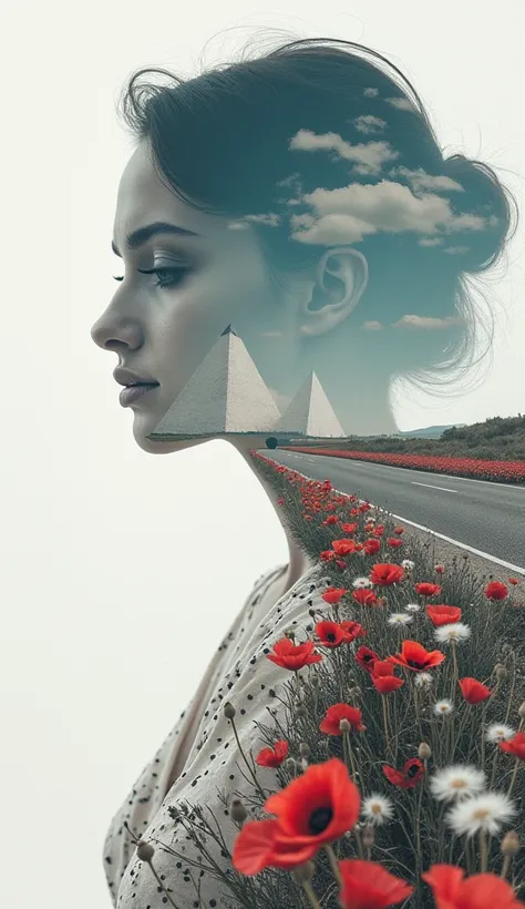  Against the female figure, double exposure  : Graphics ,at the top of the picture, the white coast of the ocean next to the white pyramids with black polka dots , on the side of the road maroon fur poppies , black and white dandelions ,Threads, white sand...