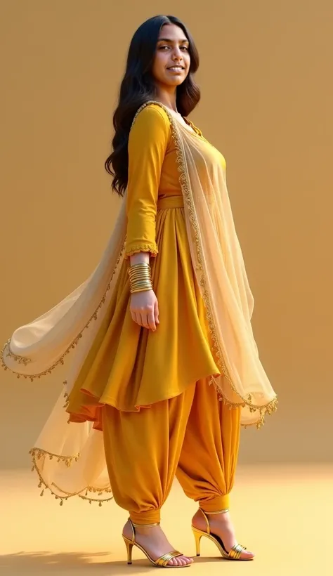 Full shot of big ass kim kardashian in traditional Punjabi attire, footwear golden High heels sandals, full body side view,She is light-skinned and is wearing a mustard yellow salwar kameez. The salwar kameez consists of a long-sleeved, slightly loose-fitt...