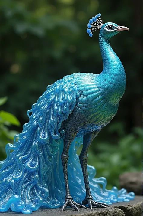 "The peacock and liquid merge into a mesmerizing hybrid. The peacock retains its elegant body, but its feathers transform into flowing liquid, shimmering in vibrant, ever-changing colors. The liquid feathers ripple and shift, glowing with an ethereal brill...